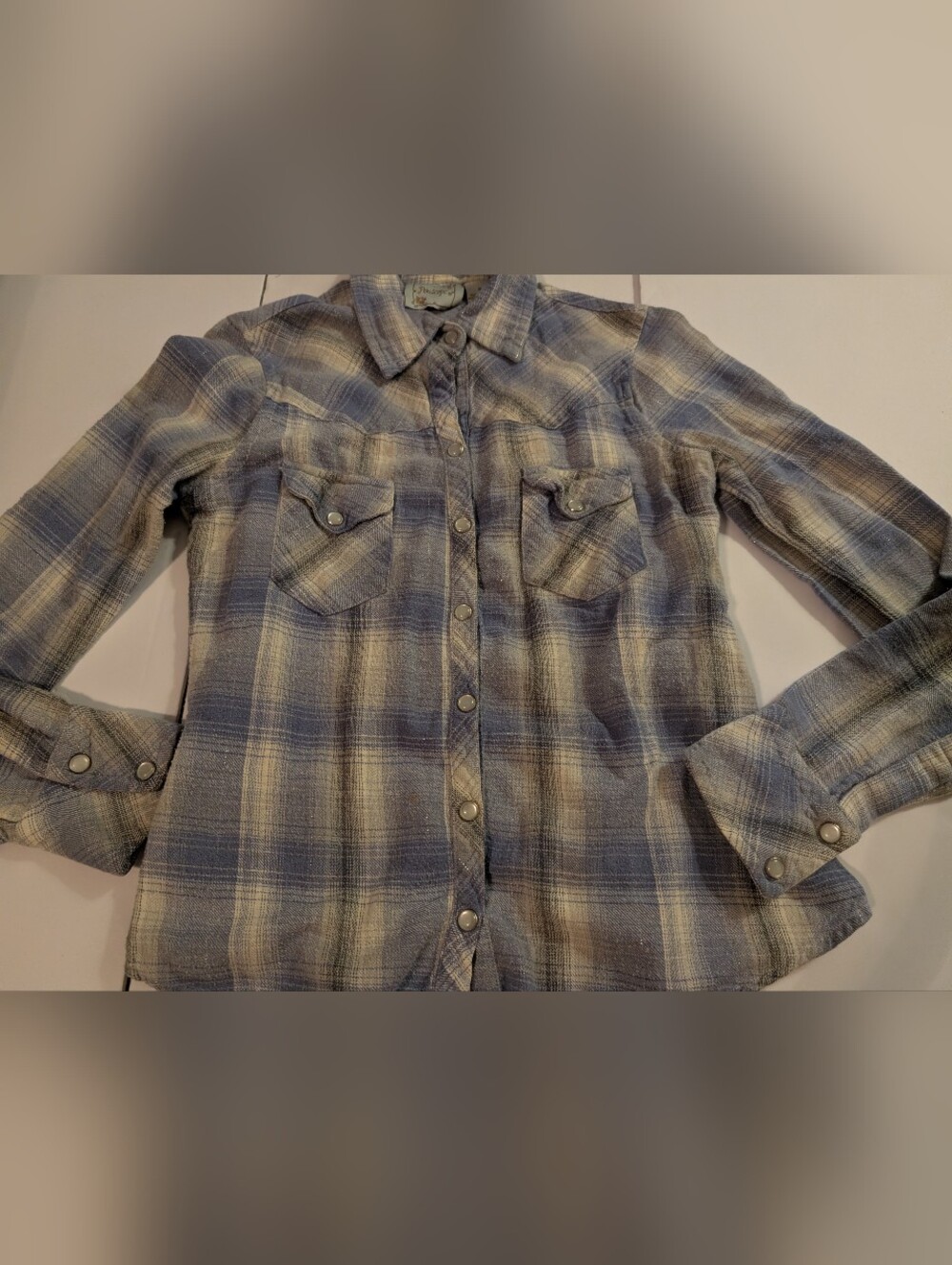 Girls Blue Plaid Silver Threaded Flannel Pearl Snap Shirt Sz Small